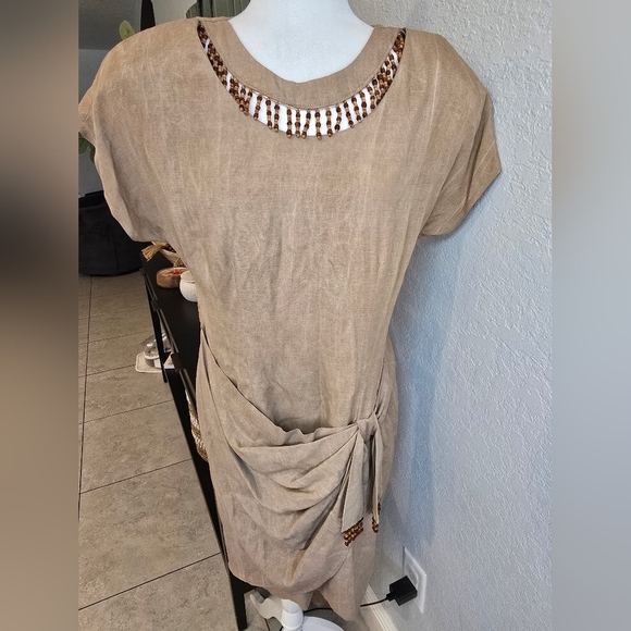 Scarlett Vintage Linen Blend Wrap Mini Dress Camel Size 11 - Picture 1 of 9